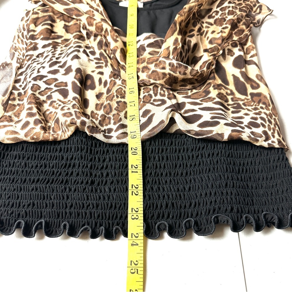 Vintage Cach'e Cheetah Print Sleeveless 100% Silk Top with Black Tank & Hem - Picture 7 of 7